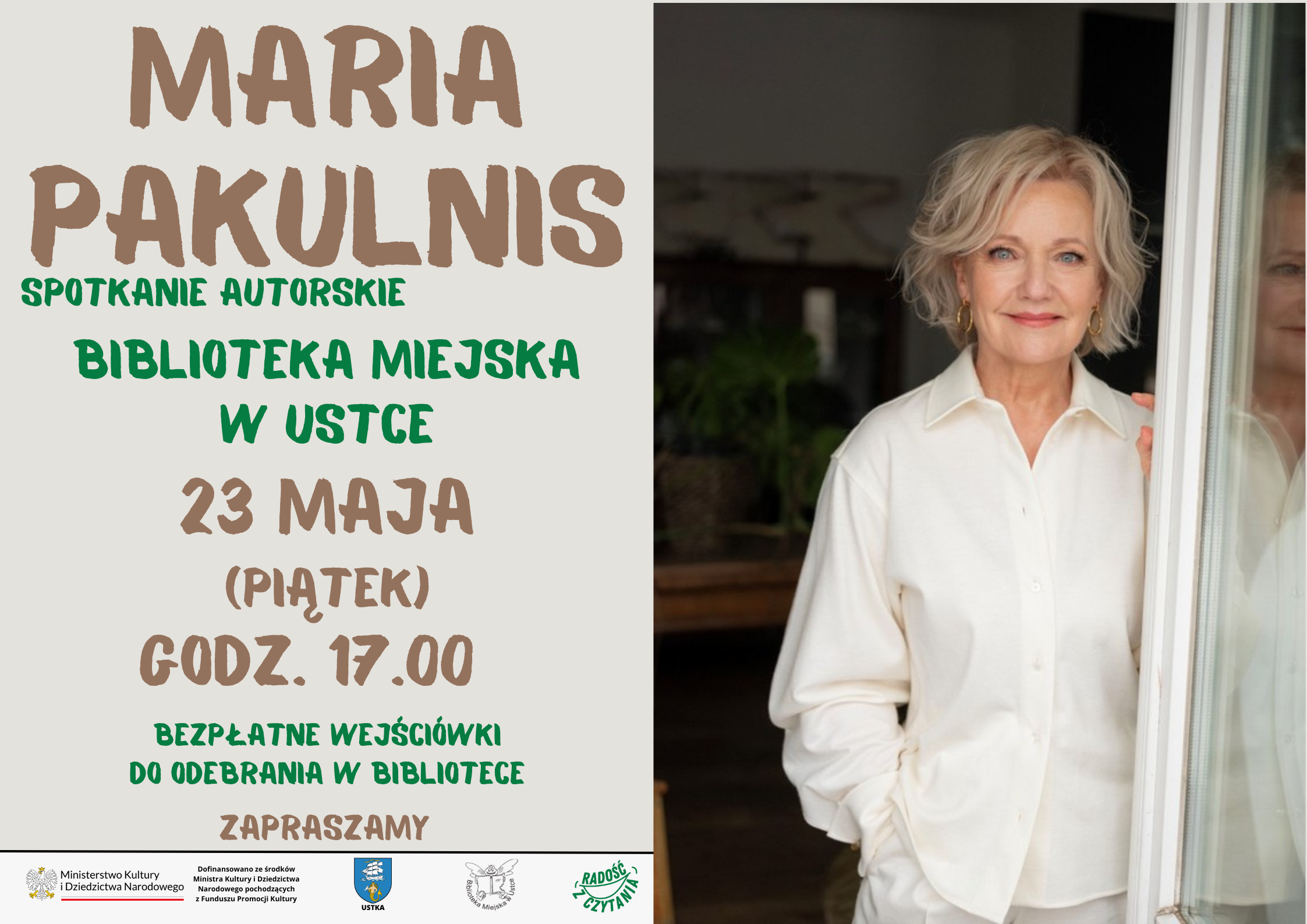 Infografika odnośnie spotkania autorskiego z Marią Pakulnis 23 maja o godz. 17.00
