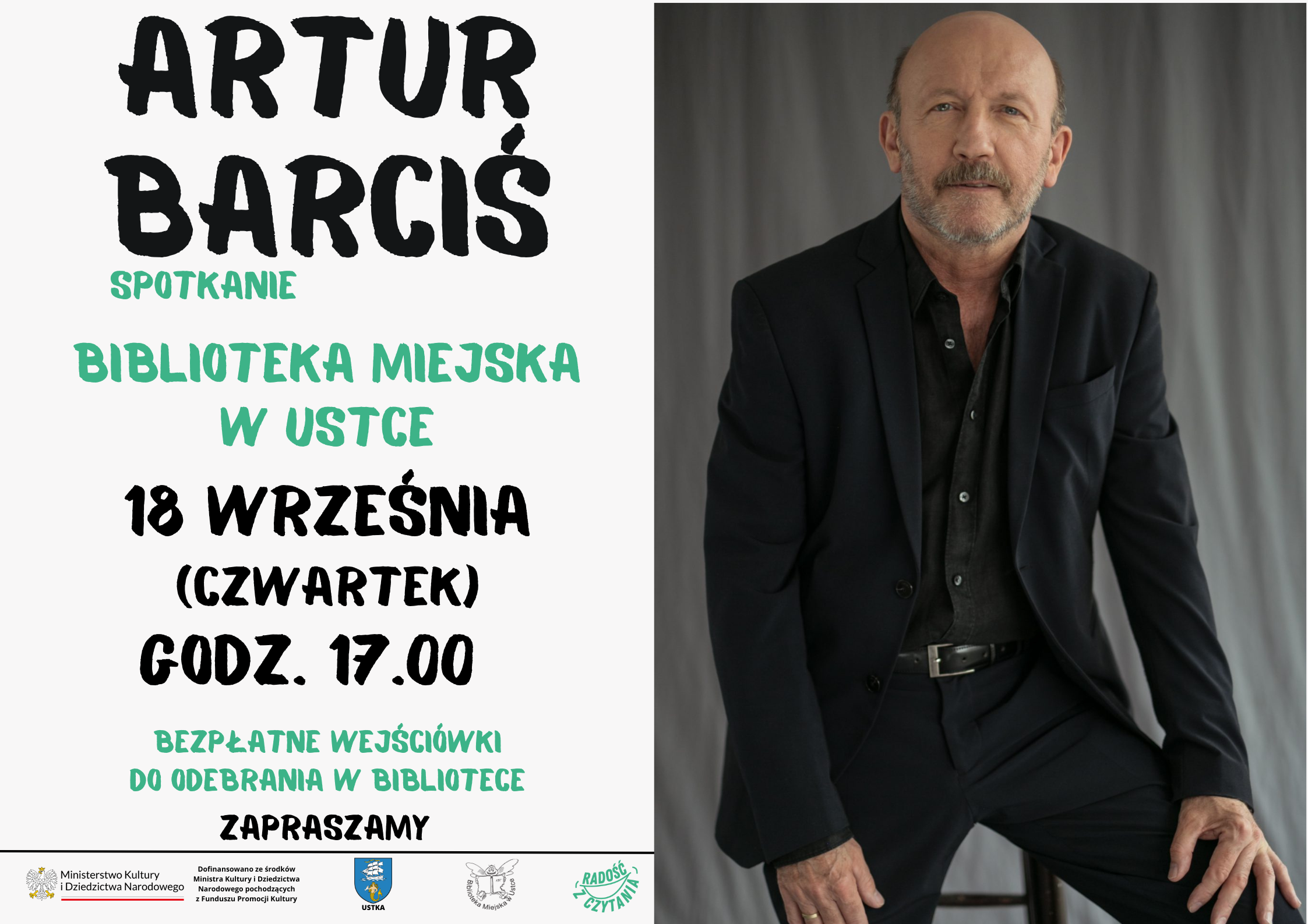 Infografika odnośnie spotkania autorskiego Arturem Barciś 18 września o godz. 17.00