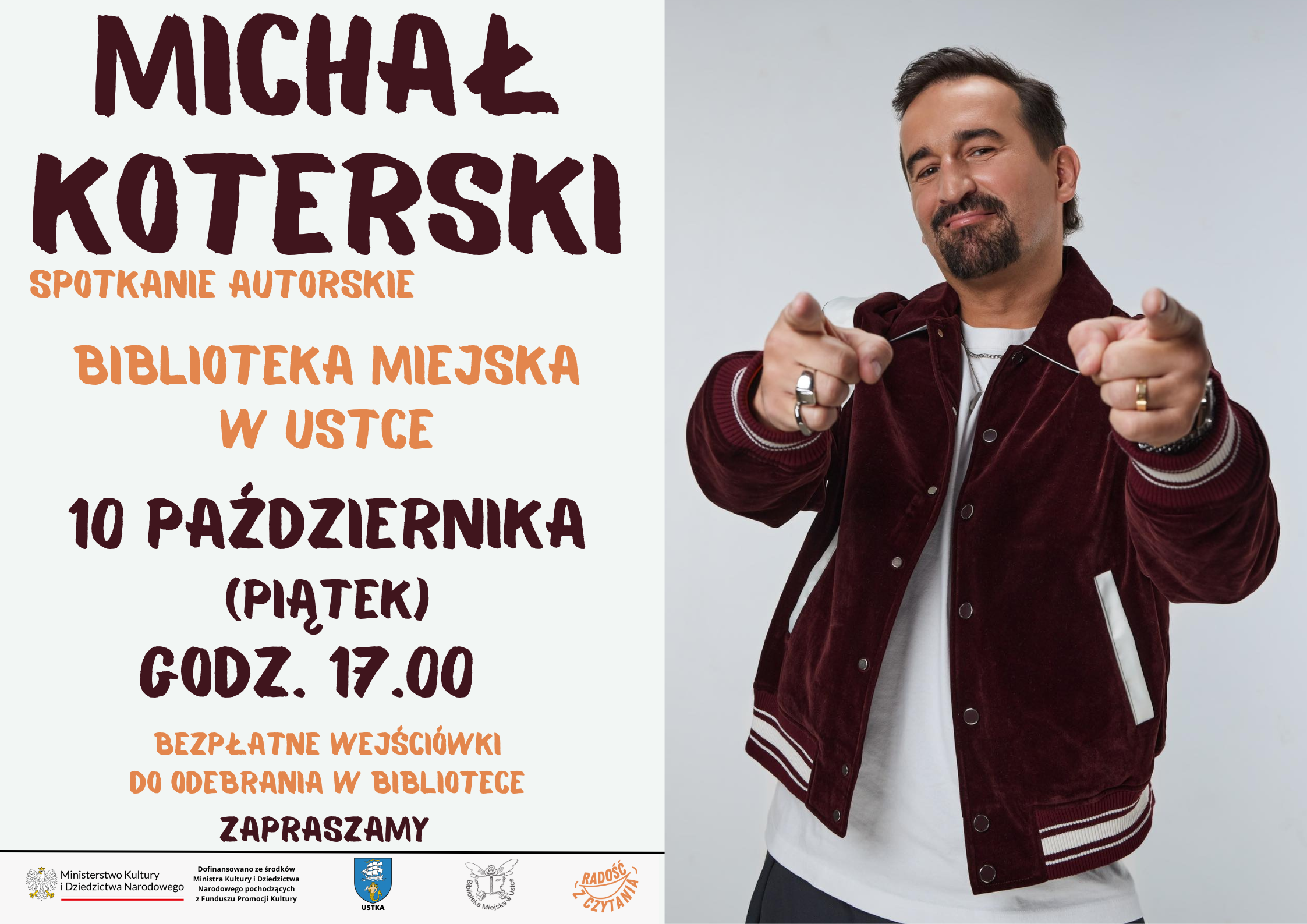 Infografika odnośnie spotkania autorskiego z Michałem Koterskim 10 października o godz. 17.00