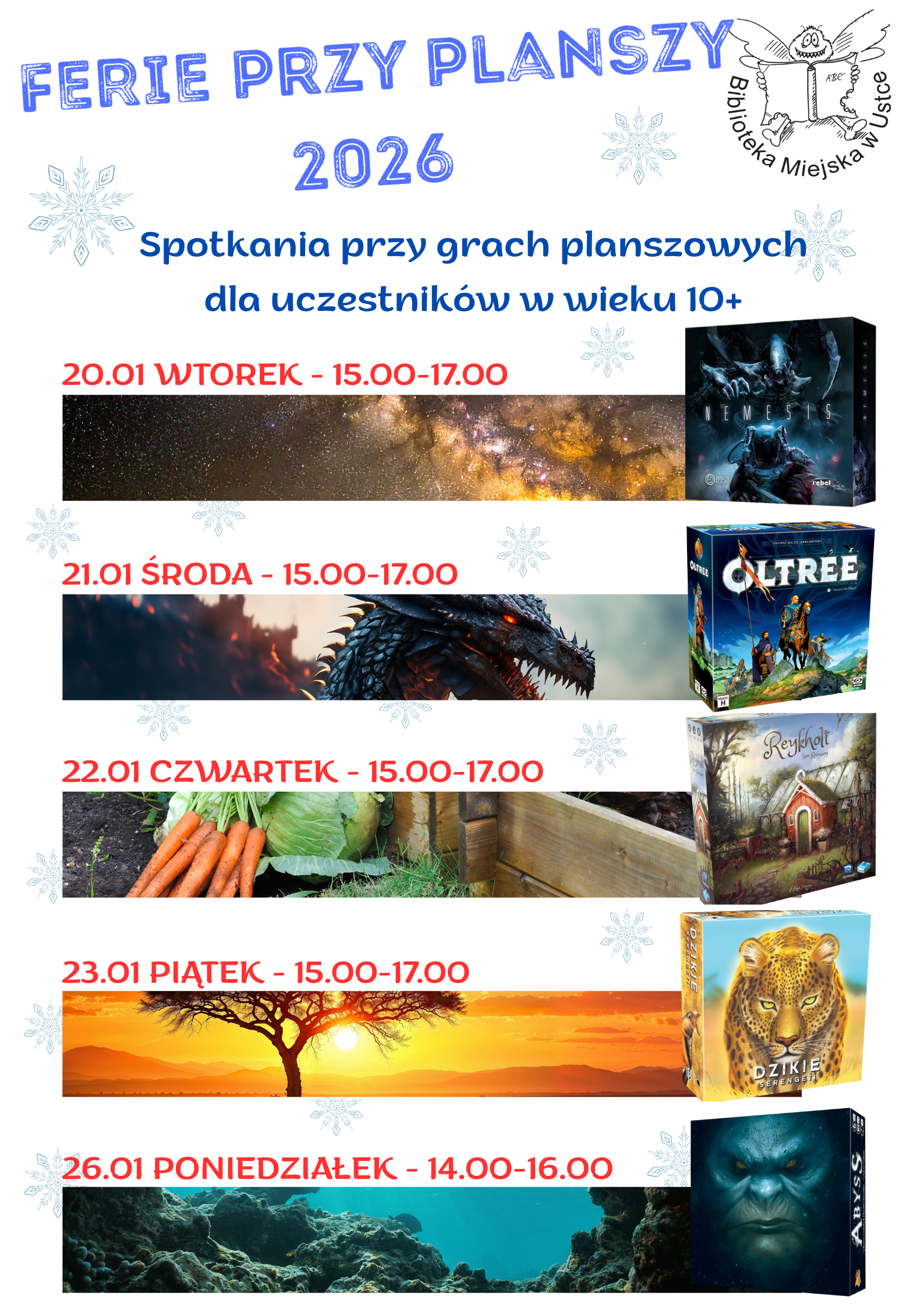 Infografika odnosnie zajec podczas ferii zimowych 2026
